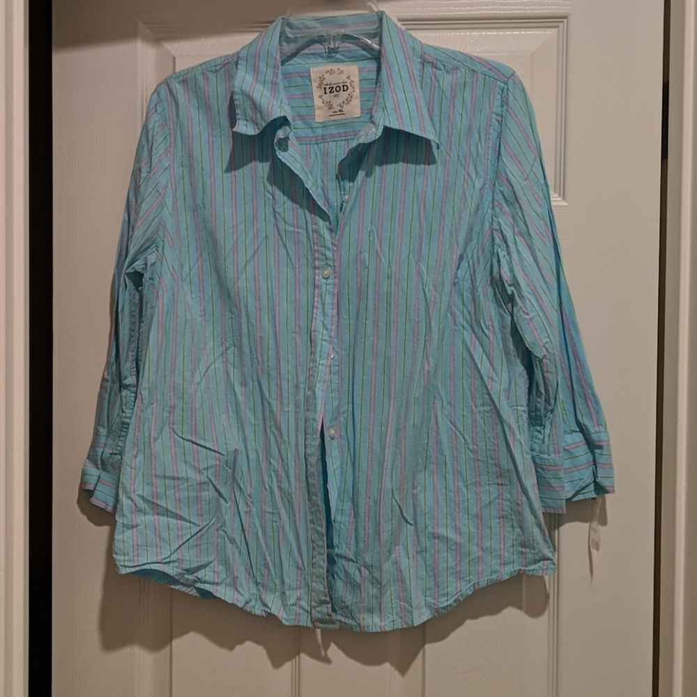 IZOD button down shirt blue pink green stripes